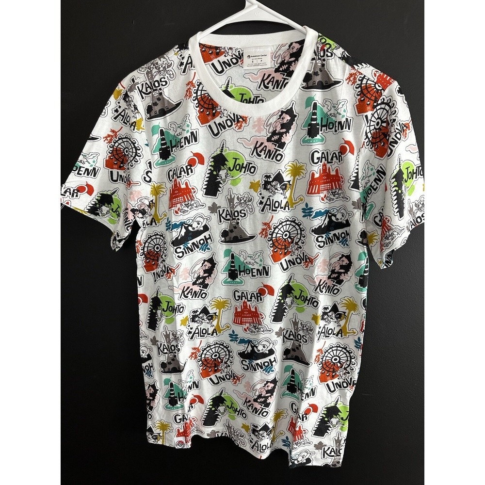 Pokemon Center Region Tour Shirt‎ Small All Over Print Johto Kanto Nintendo NWT